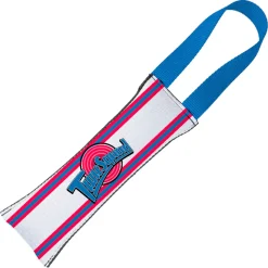 Dog Toy Squeaky Tug Toy - Space Jam TUNE SQUAD Logo Stripe White Red Blue - BLUE Handle Webbing