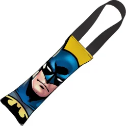 Dog Toy Squeaky Tug Toy - Batman JL Rebirth Face + Bat Icon CLOSE-UP Yellow Black - BLACK Webbing