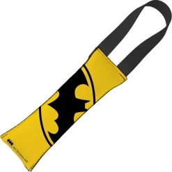 Dog Toy Squeaky Tug Toy - Batman JL Rebirth Face + Bat Icon CLOSE-UP Yellow Black - BLACK Webbing