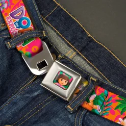 Dora Pose Full Color Pink/Green Seatbelt Belt - DORA THE EXPLORER Dora Poses/Floral Collage Orange/Pink Webbing