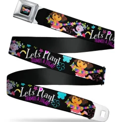 DORA THE EXPORER Logo2 Full Color Black/Multi Color Seatbelt Belt - Dora & Boots Pose/Floral LET'S PLAY!/VAMOS A JUGAR! Black/White/Multi Color Webbing