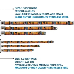 DR. STONE Title Logo Full Color Black/Orange Seatbelt Buckle Collar - DR. STONE Title Logo and Ibarra Suika Split Pose Black