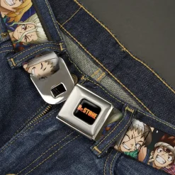 DR. STONE Title Logo Full Color Black/Orange Seatbelt Belt - Dr. Stone Character Group Faces Close-Up Webbing