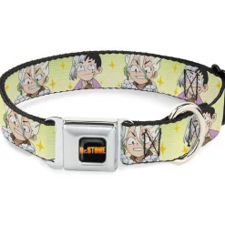 DR. STONE Title Logo Full Color Black/Orange Seatbelt Buckle Collar - Dr. Stone Chibi Senku and Gen Faces Stars Yellows