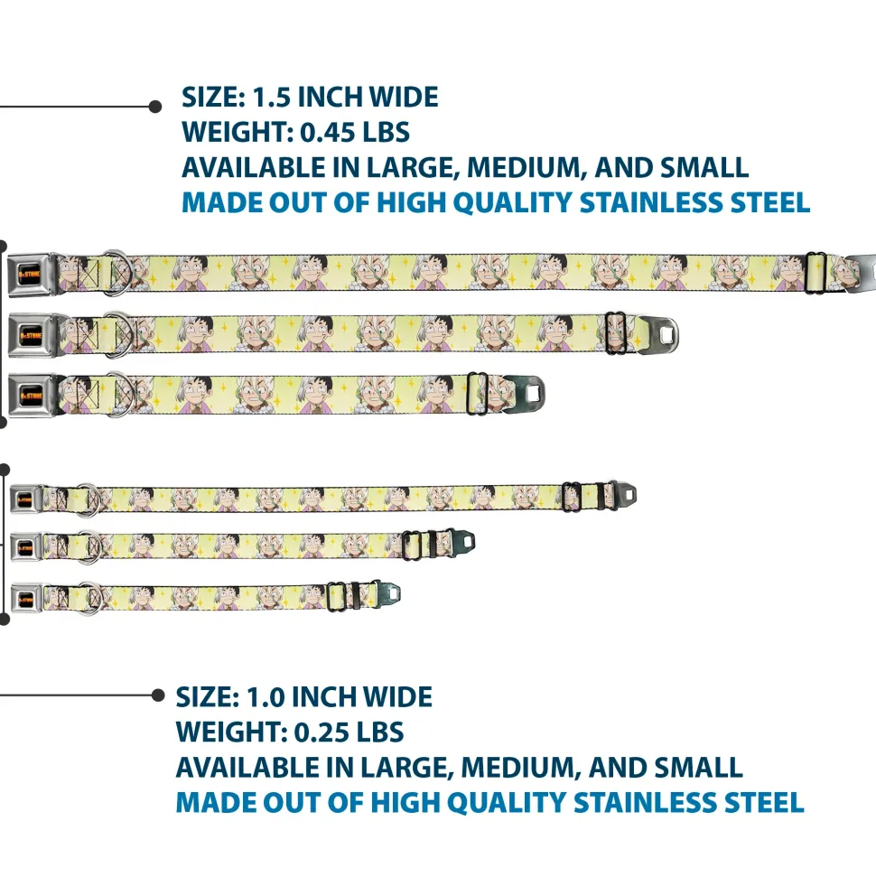 DR. STONE Title Logo Full Color Black/Orange Seatbelt Buckle Collar - Dr. Stone Chibi Senku and Gen Faces Stars Yellows