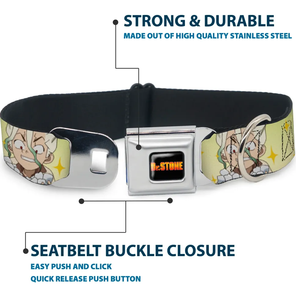 DR. STONE Title Logo Full Color Black/Orange Seatbelt Buckle Collar - Dr. Stone Chibi Senku and Gen Faces Stars Yellows