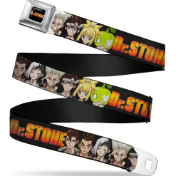 DR. STONE Title Logo Full Color Black/Orange Seatbelt Belt - DR. STONE Title Logo and Character Group Black Webbing