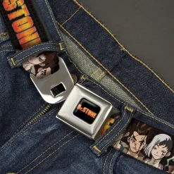 DR. STONE Title Logo Full Color Black/Orange Seatbelt Belt - DR. STONE Title Logo and Character Group Black Webbing