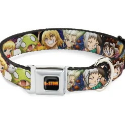 DR. STONE Title Logo Full Color Black/Orange Seatbelt Buckle Collar - Dr. Stone Character Group Faces Close-Up