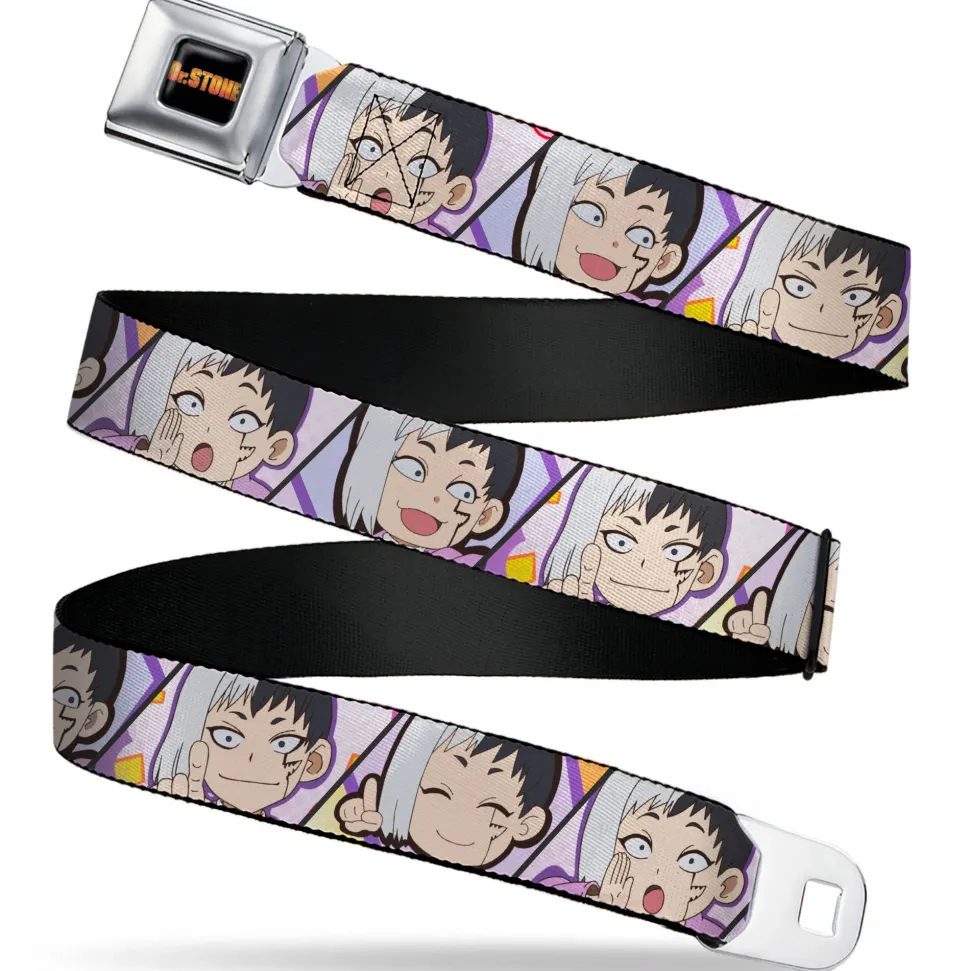 DR. STONE Title Logo Full Color Black/Orange Seatbelt Belt - Dr. Stone Chibi Gen Asagiri Expression Blocks Webbing