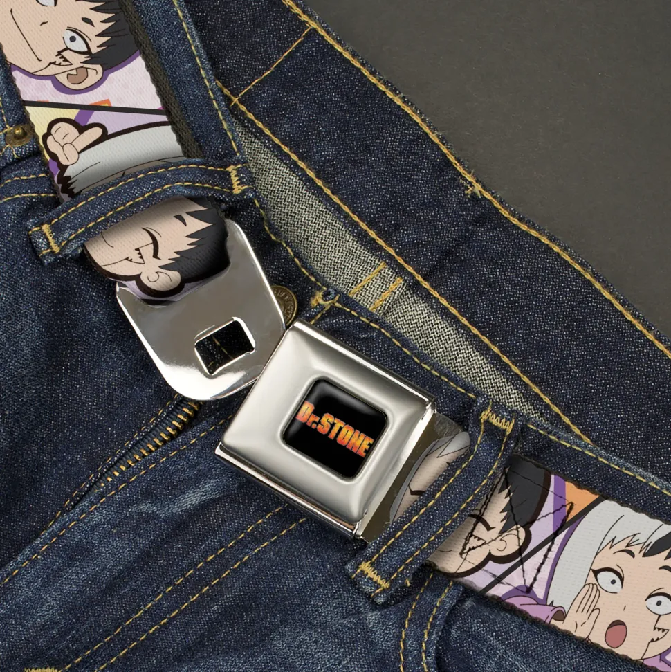 DR. STONE Title Logo Full Color Black/Orange Seatbelt Belt - Dr. Stone Chibi Gen Asagiri Expression Blocks Webbing