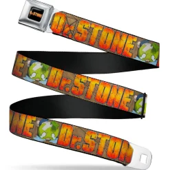 DR. STONE Title Logo Full Color Black/Orange Seatbelt Belt - DR. STONE Title Logo and Suika Crying Pose Browns Webbing