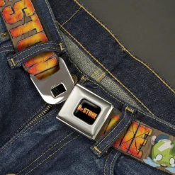DR. STONE Title Logo Full Color Black/Orange Seatbelt Belt - DR. STONE Title Logo and Suika Crying Pose Browns Webbing