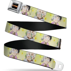 DR. STONE Title Logo Full Color Black/Orange Seatbelt Belt - Dr. Stone Chibi Senku and Gen Faces Stars Yellows Webbing