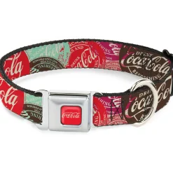 DRINK COCA-COLA Logo Full Color Red/White Seatbelt Buckle Collar - DRINK COCA-COLA Coke Patches Stacked Reds/Multi Color