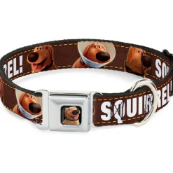 Dug Tongue Out Pose Full Color Black Seatbelt Buckle Collar - Dug 3-Poses/SQUIRREL! Brown/Yellow/White