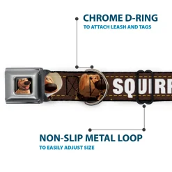Dug Tongue Out Pose Full Color Black Seatbelt Buckle Collar - Dug 3-Poses/SQUIRREL! Brown/Yellow/White