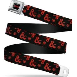 DUNGEONS & DRAGONS Title Logo Full Color Black/Red Seatbelt Belt - Dungeons & Dragons Ampersand Icon and Dice Collage Black/Red Webbing