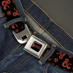 DUNGEONS & DRAGONS Title Logo Full Color Black/Red Seatbelt Belt - Dungeons & Dragons Ampersand Icon and Dice Collage Black/Red Webbing