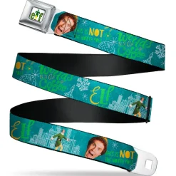 ELF Buddy the Elf Logo Full Color White/Greens/Yellow Seatbelt Belt - Elf Buddy the Elf Poses and Quotes Collage Blue/Green/White Webbing