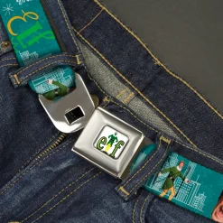 ELF Buddy the Elf Logo Full Color White/Greens/Yellow Seatbelt Belt - Elf Buddy the Elf Poses and Quotes Collage Blue/Green/White Webbing