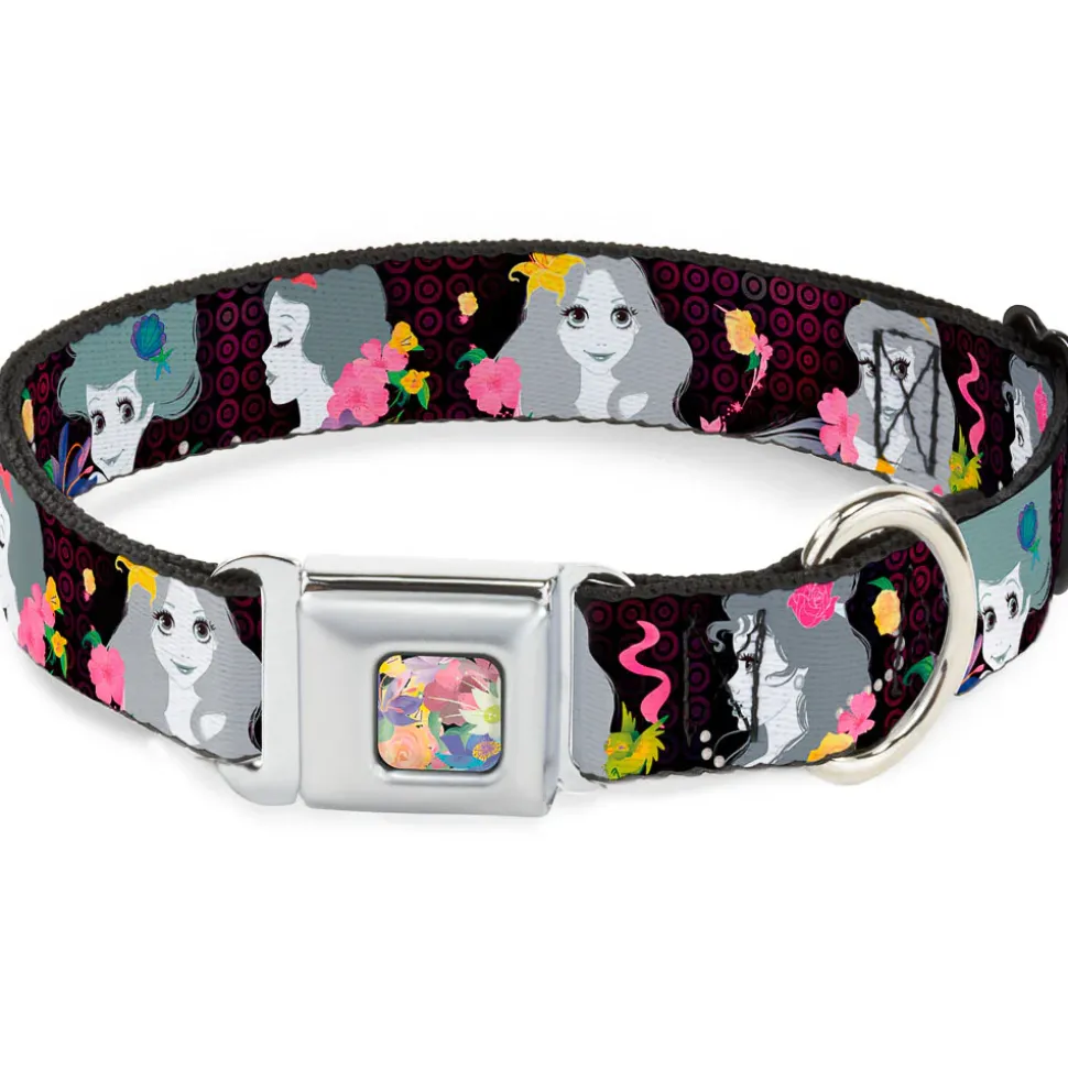 Floral Collage Full Color Multi Pastel Seatbelt Buckle Collar - Princess Silhouettes Dots Black/Purple/Gray/Multi Color