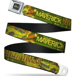 Ford Emblem Seatbelt Belt - Vintage Ford MAVERICK-RUN WILD BE A MAVERICK Greens/Yellows Webbing