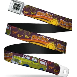 Ford Emblem Seatbelt Belt - Vintage Ford Bronco-BUCKIN' BRONCO Wine/Red/Orange/Green Webbing