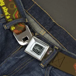 Ford Emblem Seatbelt Belt - Vintage Ford THUNDERBIRD-THEY SAY SHE'S FAST Browns/Yellows Webbing