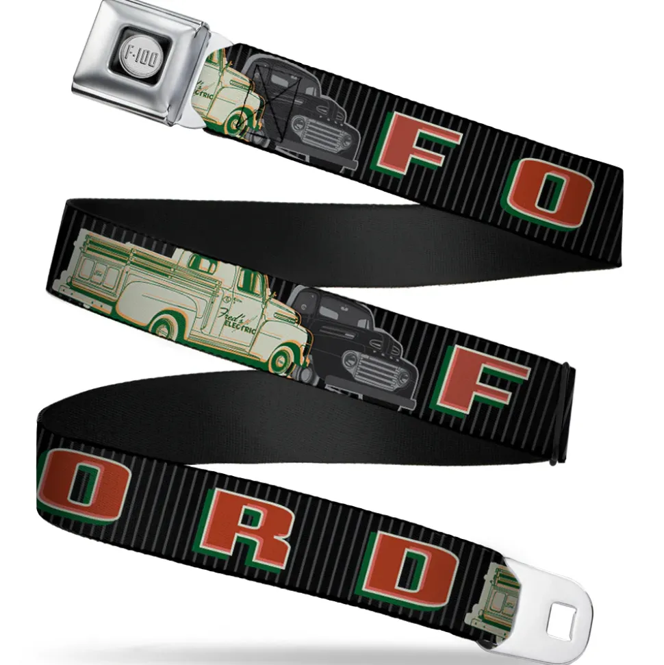 Ford F-100 Logo Full Color Black Grays Seatbelt Belt - FORD/Classic Ford Trucks Vertical Stripe Black/Grays/Green/Red Webbing