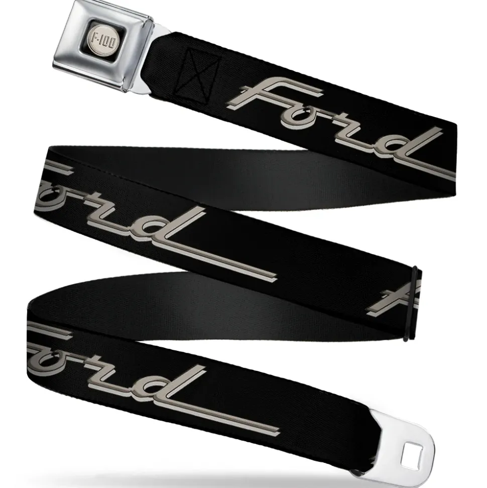 Ford F-100 Logo Full Color Black Tans Seatbelt Belt - FORD F-100 Script Black/Tan-Gray Webbing