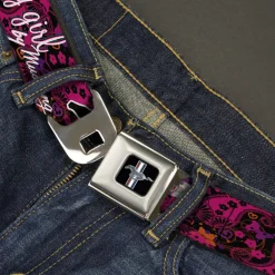 Ford Mustang Emblem Seatbelt Belt - Mustang PONY GIRL/Floral Collage Black/Pinks/White Webbing