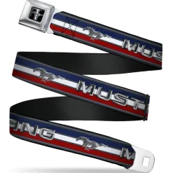 Ford Mustang Emblem Seatbelt Belt - Mustang/Text w/Tri-Bar Stripe Webbing