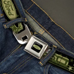 FORD Oval Full Color Black Tan Olive Seatbelt Belt - FORD F-150 WORKS HARD, PLAYS HARDER./Stars Black/Tan/Olive Webbing