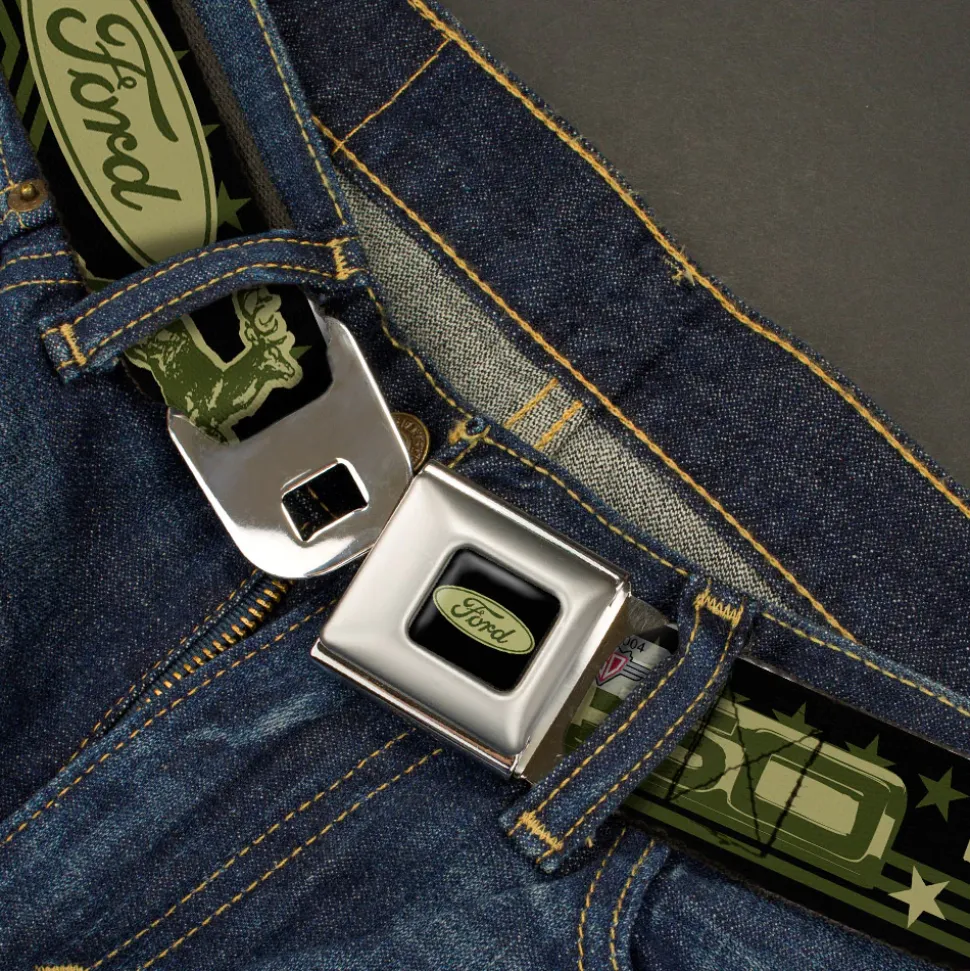 FORD Oval Full Color Black Tan Olive Seatbelt Belt - FORD F-150 WORKS HARD, PLAYS HARDER./Stars Black/Tan/Olive Webbing