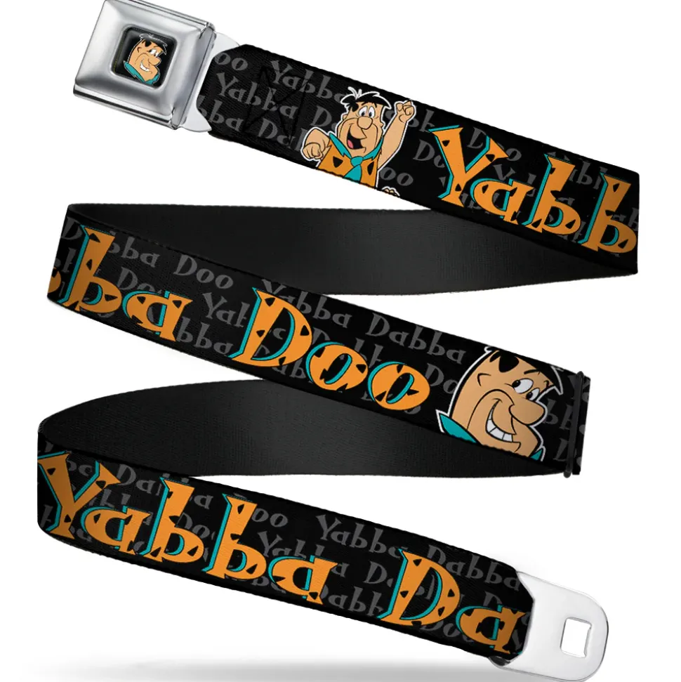 Fred Face Full Color Black Seatbelt Belt - Fred Face/Pose YABBA DABBA DOO Black/Gray/Orange Webbing
