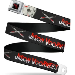 FRIDAY THE 13TH Title Logo Full Color Black/Red Seatbelt Belt - Friday the 13th JASON VOORHEES Script and Hockey Mask Black Webbing