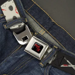 FRIDAY THE 13TH Title Logo Full Color Black/Red Seatbelt Belt - Friday the 13th JASON VOORHEES Script and Hockey Mask Black Webbing