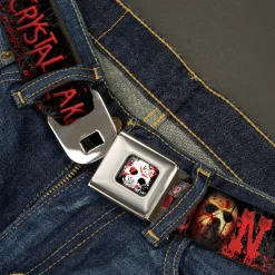 FRIDAY THE 13th/Jason Mask 5 Full Color Splatter Black/White/Red Seatbelt Belt - JASON Mask6/CAMP CRYSTAL LAKE/Hand Prints Blood Splatter Black/Reds/Gray Webbing