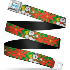 FROSTY THE SNOWMAN Logo Full Color White/Blues Seatbelt Belt - Frosty the Snowman Pose Poinsettia Plaid Collage Greens/Reds Webbing