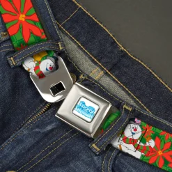 FROSTY THE SNOWMAN Logo Full Color White/Blues Seatbelt Belt - Frosty the Snowman Pose Poinsettia Plaid Collage Greens/Reds Webbing