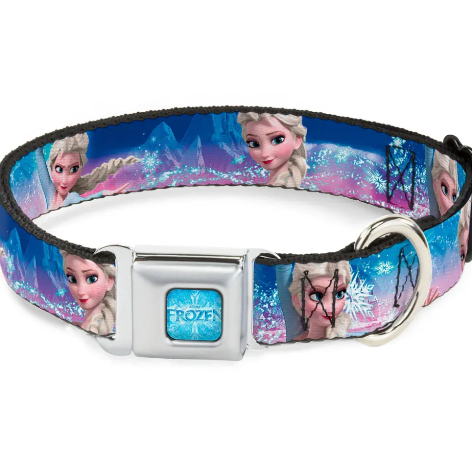 FROZEN Logo Full Color Blues Seatbelt Buckle Collar - Elsa the Snow Queen Poses/Castle & Snowy Mountains Blue-Pink Fade
