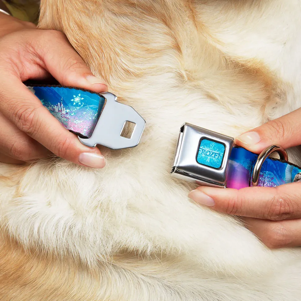 FROZEN Logo Full Color Blues Seatbelt Buckle Collar - Elsa the Snow Queen Poses/Castle & Snowy Mountains Blue-Pink Fade