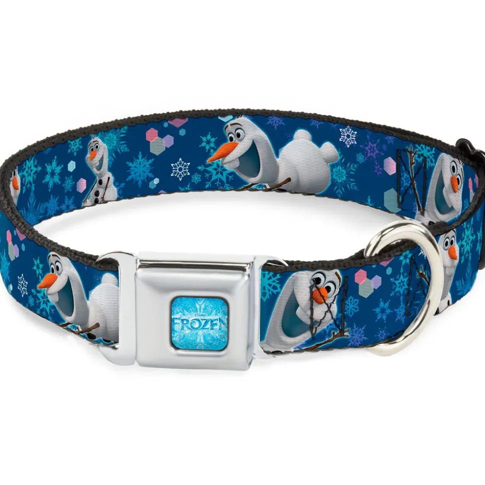 FROZEN Logo Full Color Blues Seatbelt Buckle Collar - Frozen Olaf Poses/Snowflakes Blues