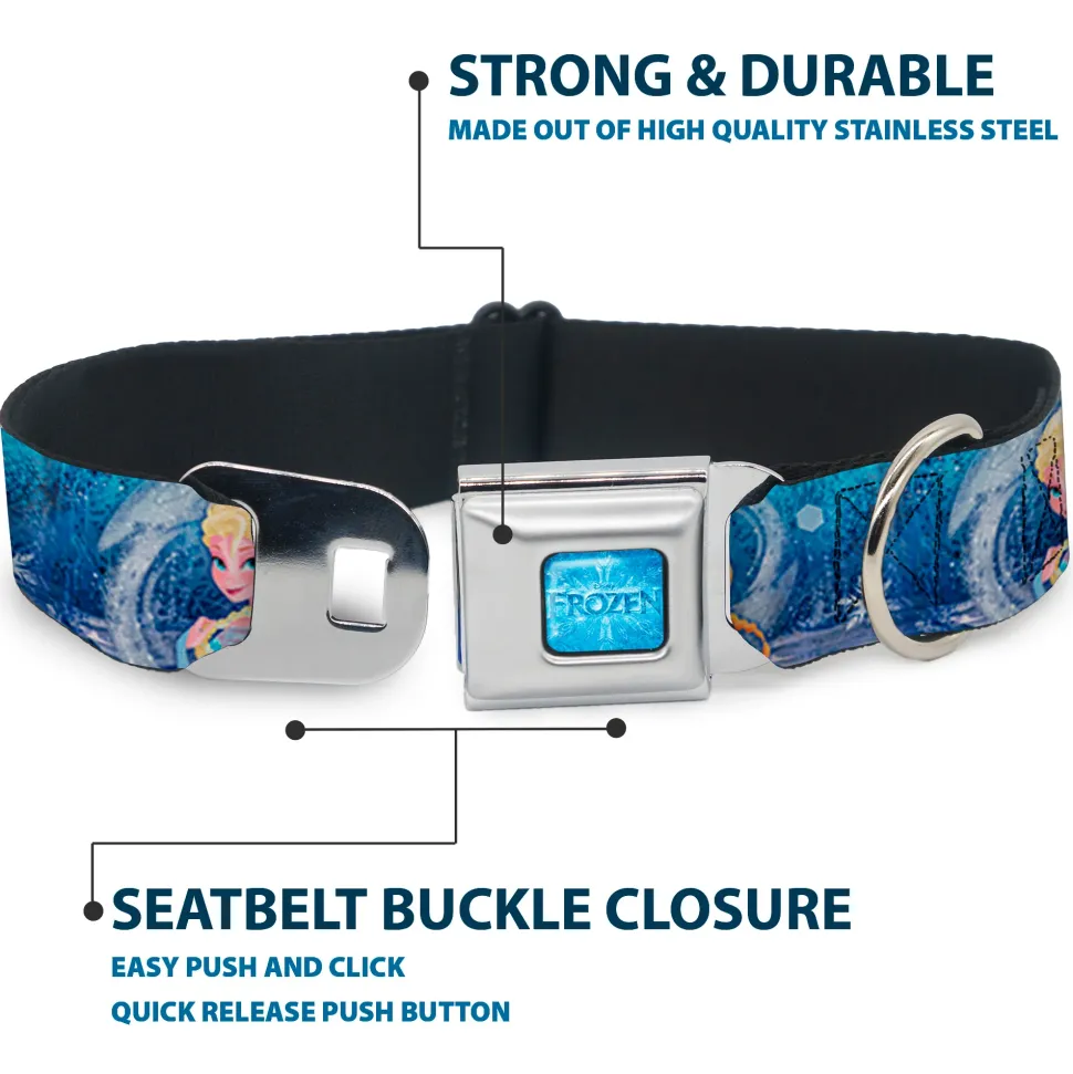 FROZEN Logo Full Color Blues Seatbelt Buckle Collar - Frozen Elsa the Snow Queen Poses/Snowflakes