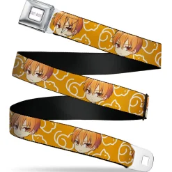 FRUITS BASKET Title Logo Full Color White/Purple Seatbelt Belt - Fruits Basket Chibi Kyo Soma Face and Kimono Cat Icon Orange/White Webbing