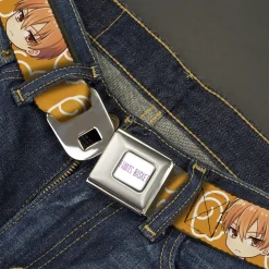 FRUITS BASKET Title Logo Full Color White/Purple Seatbelt Belt - Fruits Basket Chibi Kyo Soma Face and Kimono Cat Icon Orange/White Webbing