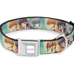 FRUITS BASKET Title Logo Full Color White/Purple Seatbelt Buckle Collar - Fruits Basket Kyo Tohru Yuki Group Pose Greens/Blues