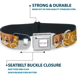 FRUITS BASKET Title Logo Full Color White/Purple Seatbelt Buckle Collar - Fruits Basket Chibi Kyo Soma Face and Kimono Cat Icon Orange/White