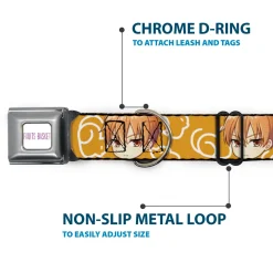 FRUITS BASKET Title Logo Full Color White/Purple Seatbelt Buckle Collar - Fruits Basket Chibi Kyo Soma Face and Kimono Cat Icon Orange/White